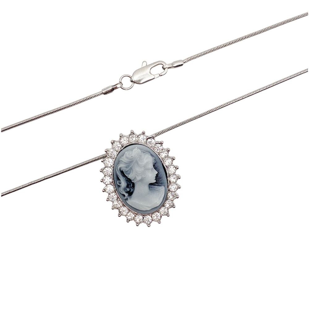 NWT Vintage Style Crystal Halo Grey Cameo Necklace 18" Chain Pendant Victorian